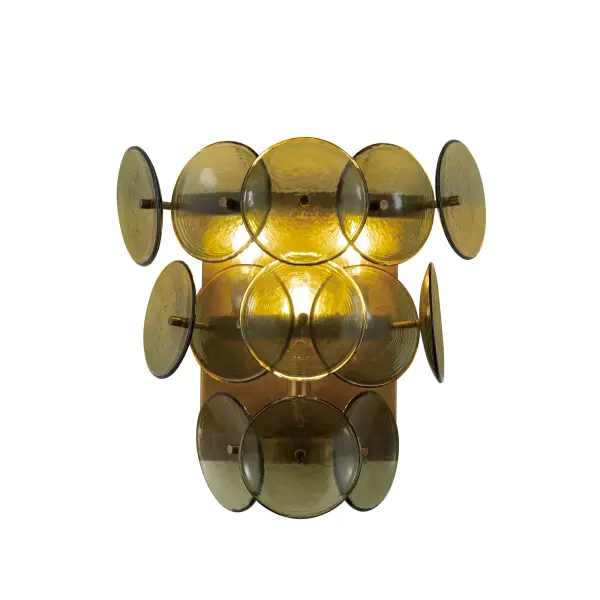 Overlapping handmade pressed glass disks mounted on metal frames inspired by Mid-Century Italian design, this collection offers a blend of vintage charm and modern elegance. Choose from Vintage Green glass on a Weathered Brass frame, or Amber glass on a Gunmetal frame, or Textured Clear glass on either frame. The textured glass softens the glare of the bulbs, creating a warm, inviting glow that is enhanced by the colored glass options. Available in both round and linear configurations, these fixtures are ideal for dining tables or living spaces. A coordinating tiered wall sconce completes the collection, providing a cohesive and stylish lighting solution. Collection: Loren Finish: Weathered Brass Glass: Green Vintage Width: 15.00" Height: 15.00" Length: 15.00" Weight: 8.32 lb Extension from Wall: 8.00" Wire: 12" Canopy: 5"x5" Number of Bulbs: 3 Maximum Wattage: 60.00 W Bulb Base: E12 Candelabra Light Source: Incandescent Voltage: 120.00 V Material: Recycled Glass + Steel Safety Listing: cULus Safety Rating: Dry Spec Sheet Instructions