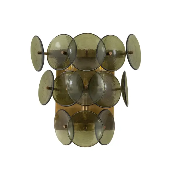 Overlapping handmade pressed glass disks mounted on metal frames inspired by Mid-Century Italian design, this collection offers a blend of vintage charm and modern elegance. Choose from Vintage Green glass on a Weathered Brass frame, or Amber glass on a Gunmetal frame, or Textured Clear glass on either frame. The textured glass softens the glare of the bulbs, creating a warm, inviting glow that is enhanced by the colored glass options. Available in both round and linear configurations, these fixtures are ideal for dining tables or living spaces. A coordinating tiered wall sconce completes the collection, providing a cohesive and stylish lighting solution. Collection: Loren Finish: Weathered Brass Glass: Green Vintage Width: 15.00" Height: 15.00" Length: 15.00" Weight: 8.32 lb Extension from Wall: 8.00" Wire: 12" Canopy: 5"x5" Number of Bulbs: 3 Maximum Wattage: 60.00 W Bulb Base: E12 Candelabra Light Source: Incandescent Voltage: 120.00 V Material: Recycled Glass + Steel Safety Listing: cULus Safety Rating: Dry Spec Sheet Instructions - alternate view