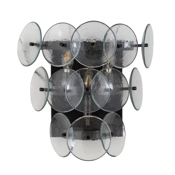 Overlapping handmade pressed glass disks mounted on metal frames inspired by Mid-Century Italian design, this collection offers a blend of vintage charm and modern elegance. Choose from Vintage Green glass on a Weathered Brass frame, or Amber glass on a Gunmetal frame, or Textured Clear glass on either frame. The textured glass softens the glare of the bulbs, creating a warm, inviting glow that is enhanced by the colored glass options. Available in both round and linear configurations, these fixtures are ideal for dining tables or living spaces. A coordinating tiered wall sconce completes the collection, providing a cohesive and stylish lighting solution. Collection: Loren Finish: Gunmetal Glass: Textured Clear Width: 15.00" Height: 15.00" Length: 15.00" Weight: 8.32 lb Extension from Wall: 8.00" Wire: 12" Canopy: 5"x5" Number of Bulbs: 3 Maximum Wattage: 60.00 W Bulb Base: E12 Candelabra Light Source: Incandescent Voltage: 120.00 V Material: Recycled Glass + Steel Safety Listing: cULus Safety Rating: Dry Spec Sheet Instructions - alternate view