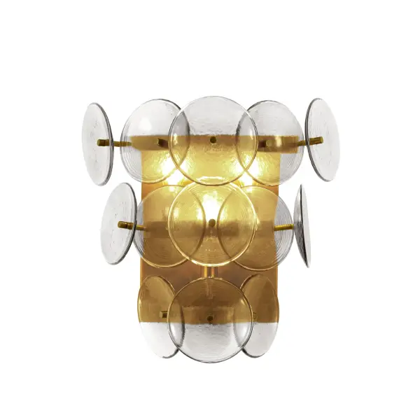 Overlapping handmade pressed glass disks mounted on metal frames inspired by Mid-Century Italian design, this collection offers a blend of vintage charm and modern elegance. Choose from Vintage Green glass on a Weathered Brass frame, or Amber glass on a Gunmetal frame, or Textured Clear glass on either frame. The textured glass softens the glare of the bulbs, creating a warm, inviting glow that is enhanced by the colored glass options. Available in both round and linear configurations, these fixtures are ideal for dining tables or living spaces. A coordinating tiered wall sconce completes the collection, providing a cohesive and stylish lighting solution. Collection: Loren Finish: Weathered Brass Glass: Textured Clear Width: 15.00" Height: 15.00" Length: 15.00" Weight: 8.32 lb Extension from Wall: 8.00" Wire: 12" Canopy: 5"x5" Number of Bulbs: 3 Maximum Wattage: 60.00 W Bulb Base: E12 Candelabra Light Source: Incandescent Voltage: 120.00 V Material: Recycled Glass + Steel Safety Listing: cULus Safety Rating: Dry Spec Sheet Instructions