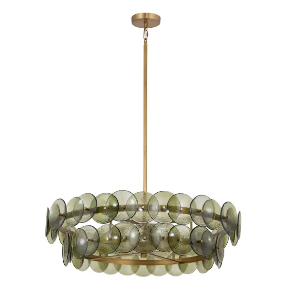 Overlapping handmade pressed glass disks mounted on metal frames inspired by Mid-Century Italian design, this collection offers a blend of vintage charm and modern elegance. Choose from Vintage Green glass on a Weathered Brass frame, or Amber glass on a Gunmetal frame, or Textured Clear glass on either frame. The textured glass softens the glare of the bulbs, creating a warm, inviting glow that is enhanced by the colored glass options. Available in both round and linear configurations, these fixtures are ideal for dining tables or living spaces. A coordinating tiered wall sconce completes the collection, providing a cohesive and stylish lighting solution. Collection: Loren Finish: Weathered Brass Glass: Green Vintage Width: 32.00" Height: 9.00" Length: 32.00" Weight: 56.25 lb Chain: 42" Wire: 120" Canopy: 5"x5"x1" Number of Bulbs: 6 Maximum Wattage: 60.00 W Bulb Type: A19 Bulb Base: E26 Medium Light Source: Incandescent Dimmable Voltage: 120.00 V Material: Recycled Glass, Steel Safety Listing: cULus Safety Rating: Dry Spec Sheet Instructions - alternate view