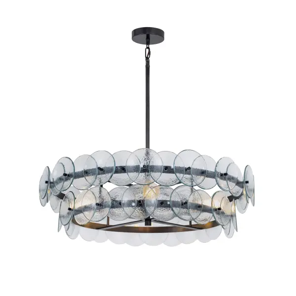 Overlapping handmade pressed glass disks mounted on metal frames inspired by Mid-Century Italian design, this collection offers a blend of vintage charm and modern elegance. Choose from Vintage Green glass on a Weathered Brass frame, or Amber glass on a Gunmetal frame, or Textured Clear glass on either frame. The textured glass softens the glare of the bulbs, creating a warm, inviting glow that is enhanced by the colored glass options. Available in both round and linear configurations, these fixtures are ideal for dining tables or living spaces. A coordinating tiered wall sconce completes the collection, providing a cohesive and stylish lighting solution. Collection: Loren Finish: Gunmetal Glass: Textured Clear Width: 32.00" Height: 9.00" Length: 32.00" Weight: 56.25 lb Chain: 42" Wire: 120" Canopy: 5"x5"x1" Number of Bulbs: 6 Maximum Wattage: 60.00 W Bulb Type: A19 Bulb Base: E26 Medium Light Source: Incandescent Dimmable Voltage: 120.00 V Material: Recycled Glass, Steel Safety Listing: cULus Safety Rating: Dry Spec Sheet Instructions