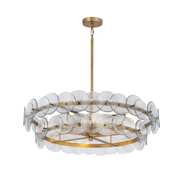 Overlapping handmade pressed glass disks mounted on metal frames inspired by Mid-Century Italian design, this collection offers a blend of vintage charm and modern elegance. Choose from Vintage Green glass on a Weathered Brass frame, or Amber glass on a Gunmetal frame, or Textured Clear glass on either frame. The textured glass softens the glare of the bulbs, creating a warm, inviting glow that is enhanced by the colored glass options. Available in both round and linear configurations, these fixtures are ideal for dining tables or living spaces. A coordinating tiered wall sconce completes the collection, providing a cohesive and stylish lighting solution. Collection: Loren Finish: Weathered Brass Glass: Textured Clear Width: 32.00" Height: 9.00" Length: 32.00" Weight: 56.25 lb Chain: 42" Wire: 120" Canopy: 5"x5"x1" Number of Bulbs: 6 Maximum Wattage: 60.00 W Bulb Type: A19 Bulb Base: E26 Medium Light Source: Incandescent Dimmable Voltage: 120.00 V Material: Recycled Glass, Steel Safety Listing: cULus Safety Rating: Dry Spec Sheet Instructions