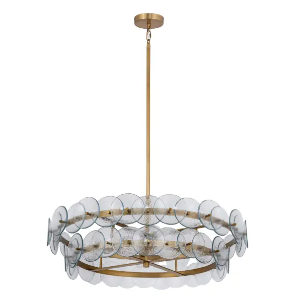 Overlapping handmade pressed glass disks mounted on metal frames inspired by Mid-Century Italian design, this collection offers a blend of vintage charm and modern elegance. Choose from Vintage Green glass on a Weathered Brass frame, or Amber glass on a Gunmetal frame, or Textured Clear glass on either frame. The textured glass softens the glare of the bulbs, creating a warm, inviting glow that is enhanced by the colored glass options. Available in both round and linear configurations, these fixtures are ideal for dining tables or living spaces. A coordinating tiered wall sconce completes the collection, providing a cohesive and stylish lighting solution. Collection: Loren Finish: Weathered Brass Glass: Textured Clear Width: 32.00" Height: 9.00" Length: 32.00" Weight: 56.25 lb Chain: 42" Wire: 120" Canopy: 5"x5"x1" Number of Bulbs: 6 Maximum Wattage: 60.00 W Bulb Type: A19 Bulb Base: E26 Medium Light Source: Incandescent Dimmable Voltage: 120.00 V Material: Recycled Glass, Steel Safety Listing: cULus Safety Rating: Dry Spec Sheet Instructions - alternate view
