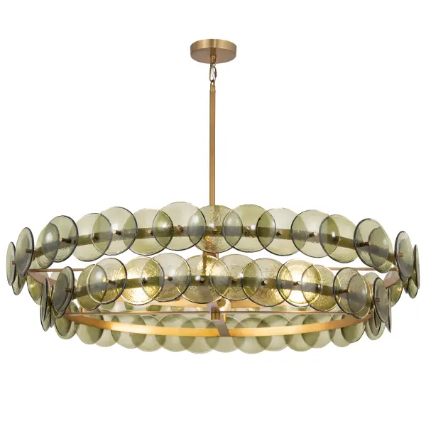 Overlapping handmade pressed glass disks mounted on metal frames inspired by Mid-Century Italian design, this collection offers a blend of vintage charm and modern elegance. Choose from Vintage Green glass on a Weathered Brass frame, or Amber glass on a Gunmetal frame, or Textured Clear glass on either frame. The textured glass softens the glare of the bulbs, creating a warm, inviting glow that is enhanced by the colored glass options. Available in both round and linear configurations, these fixtures are ideal for dining tables or living spaces. A coordinating tiered wall sconce completes the collection, providing a cohesive and stylish lighting solution. Collection: Loren Finish: Weathered Brass Glass: Green Vintage Width: 42.00" Height: 9.50" Length: 42.00" Weight: 74.09 lb Chain: 42" Wire: 120" Canopy: 5"x5"x1" Number of Bulbs: 8 Maximum Wattage: 60.00 W Bulb Type: A19 Bulb Base: E26 Medium Light Source: Incandescent Dimmable Voltage: 120.00 V Material: Recycled Glass, Steel Safety Listing: cULus Safety Rating: Dry Spec Sheet Instructions