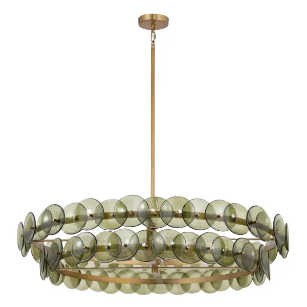 Overlapping handmade pressed glass disks mounted on metal frames inspired by Mid-Century Italian design, this collection offers a blend of vintage charm and modern elegance. Choose from Vintage Green glass on a Weathered Brass frame, or Amber glass on a Gunmetal frame, or Textured Clear glass on either frame. The textured glass softens the glare of the bulbs, creating a warm, inviting glow that is enhanced by the colored glass options. Available in both round and linear configurations, these fixtures are ideal for dining tables or living spaces. A coordinating tiered wall sconce completes the collection, providing a cohesive and stylish lighting solution. Collection: Loren Finish: Weathered Brass Glass: Green Vintage Width: 42.00" Height: 9.50" Length: 42.00" Weight: 74.09 lb Chain: 42" Wire: 120" Canopy: 5"x5"x1" Number of Bulbs: 8 Maximum Wattage: 60.00 W Bulb Type: A19 Bulb Base: E26 Medium Light Source: Incandescent Dimmable Voltage: 120.00 V Material: Recycled Glass, Steel Safety Listing: cULus Safety Rating: Dry Spec Sheet Instructions - alternate view