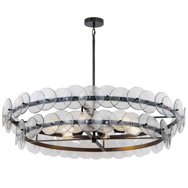 Overlapping handmade pressed glass disks mounted on metal frames inspired by Mid-Century Italian design, this collection offers a blend of vintage charm and modern elegance. Choose from Vintage Green glass on a Weathered Brass frame, or Amber glass on a Gunmetal frame, or Textured Clear glass on either frame. The textured glass softens the glare of the bulbs, creating a warm, inviting glow that is enhanced by the colored glass options. Available in both round and linear configurations, these fixtures are ideal for dining tables or living spaces. A coordinating tiered wall sconce completes the collection, providing a cohesive and stylish lighting solution. Collection: Loren Finish: Gunmetal Glass: Textured Clear Width: 42.00" Height: 9.50" Length: 42.00" Weight: 74.09 lb Chain: 42" Wire: 120" Canopy: 5"x5"x1" Number of Bulbs: 8 Maximum Wattage: 60.00 W Bulb Type: A19 Bulb Base: E26 Medium Light Source: Incandescent Dimmable Voltage: 120.00 V Material: Recycled Glass, Steel Safety Listing: cULus Safety Rating: Dry Spec Sheet Instructions