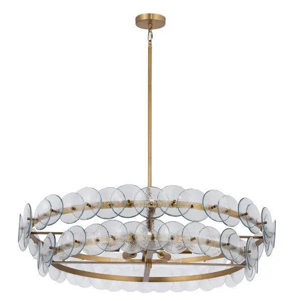 Overlapping handmade pressed glass disks mounted on metal frames inspired by Mid-Century Italian design, this collection offers a blend of vintage charm and modern elegance. Choose from Vintage Green glass on a Weathered Brass frame, or Amber glass on a Gunmetal frame, or Textured Clear glass on either frame. The textured glass softens the glare of the bulbs, creating a warm, inviting glow that is enhanced by the colored glass options. Available in both round and linear configurations, these fixtures are ideal for dining tables or living spaces. A coordinating tiered wall sconce completes the collection, providing a cohesive and stylish lighting solution. Collection: Loren Finish: Weathered Brass Glass: Textured Clear Width: 42.00" Height: 9.50" Length: 42.00" Weight: 74.09 lb Chain: 42" Wire: 120" Canopy: 5"x5"x1" Number of Bulbs: 8 Maximum Wattage: 60.00 W Bulb Type: A19 Bulb Base: E26 Medium Light Source: Incandescent Dimmable Voltage: 120.00 V Material: Recycled Glass, Steel Safety Listing: cULus Safety Rating: Dry Spec Sheet Instructions - alternate view