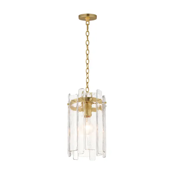 Gracefully flowing molten glass panels with uniquely organic aesthetic encircle rings of rich Darkened Bronze metal or hand-applied Gold Leaf. This refined interpretation of tiered glass pendants exudes warmth and elegance, effortlessly blending a moody ambiance with timeless contemporary charm. Available in a variety of pendant configurations as well as coordinating wall sconce and semi-flush mount. Collection: Warren Finish: Dark Bronze Glass: Artisan Width: 7.50" Height: 12.00" Length: 7.50" Weight: 3.00 lb Chain: 36" Wire: 120" Canopy: 5"x5"x1" Number of Bulbs: 1 Maximum Wattage: 60.00 W Bulb Base: E26 Medium Light Source: Incandescent Dimmable Voltage: 120.00 V Material: Steel, Glass Safety Listing: cETLus Safety Rating: Dry Spec Sheet Instructions