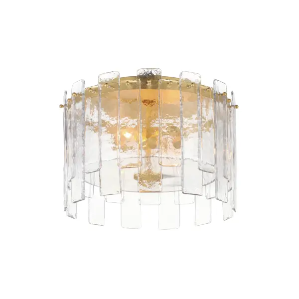Gracefully flowing molten glass panels with uniquely organic aesthetic encircle rings of rich Darkened Bronze metal or hand-applied Gold Leaf. This refined interpretation of tiered glass pendants exudes warmth and elegance, effortlessly blending a moody ambiance with timeless contemporary charm. Available in a variety of pendant configurations as well as coordinating wall sconce and semi-flush mount. Collection: Warren Finish: Gold Leaf Glass: Artisan Width: 14.50" Height: 10.00" Length: 14.50" Weight: 18.04 lb Wire: 8" Canopy: 10"x10"x1" Number of Bulbs: 2 Maximum Wattage: 60.00 W Bulb Base: E12 Candelabra Light Source: Incandescent Dimmable Voltage: 120.00 V Material: Steel, Glass Safety Listing: cETLus Safety Rating: Dry Spec Sheet Instructions