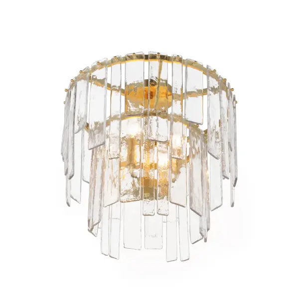 Gracefully flowing molten glass panels with uniquely organic aesthetic encircle rings of rich Darkened Bronze metal or hand-applied Gold Leaf. This refined interpretation of tiered glass pendants exudes warmth and elegance, effortlessly blending a moody ambiance with timeless contemporary charm. Available in a variety of pendant configurations as well as coordinating wall sconce and semi-flush mount. Collection: Warren Finish: Gold Leaf Glass: Artisan Width: 17.50" Height: 18.00" Length: 17.50" Weight: 22.00 lb Chain: 36" Wire: 120" Canopy: 5"x5"x1" Number of Bulbs: 4 Maximum Wattage: 60.00 W Bulb Base: E12 Candelabra Light Source: Incandescent Dimmable Voltage: 120.00 V Material: Steel, Glass Safety Listing: cETLus Safety Rating: Dry Spec Sheet Instructions
