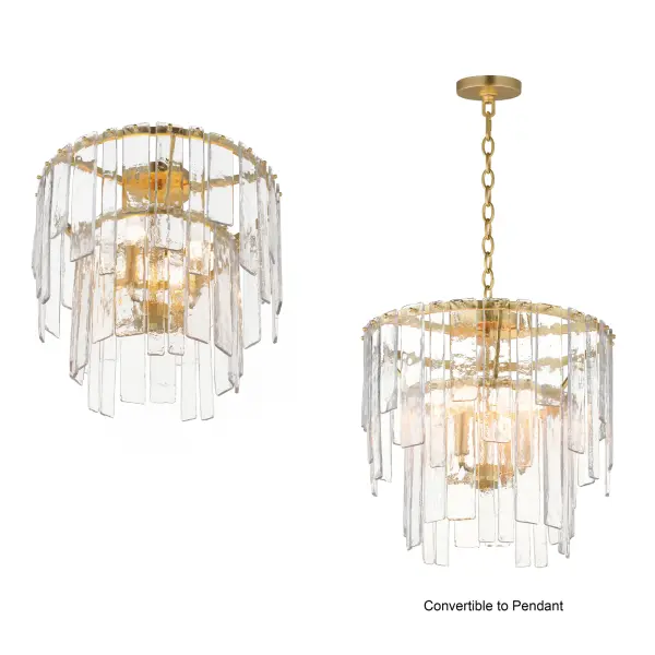 Gracefully flowing molten glass panels with uniquely organic aesthetic encircle rings of rich Darkened Bronze metal or hand-applied Gold Leaf. This refined interpretation of tiered glass pendants exudes warmth and elegance, effortlessly blending a moody ambiance with timeless contemporary charm. Available in a variety of pendant configurations as well as coordinating wall sconce and semi-flush mount. Collection: Warren Finish: Gold Leaf Glass: Artisan Width: 17.50" Height: 18.00" Length: 17.50" Weight: 22.00 lb Chain: 36" Wire: 120" Canopy: 5"x5"x1" Number of Bulbs: 4 Maximum Wattage: 60.00 W Bulb Base: E12 Candelabra Light Source: Incandescent Dimmable Voltage: 120.00 V Material: Steel, Glass Safety Listing: cETLus Safety Rating: Dry Spec Sheet Instructions - alternate view