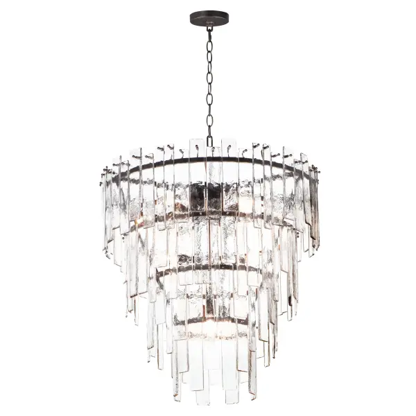 Gracefully flowing molten glass panels with uniquely organic aesthetic encircle rings of rich Darkened Bronze metal or hand-applied Gold Leaf. This refined interpretation of tiered glass pendants exudes warmth and elegance, effortlessly blending a moody ambiance with timeless contemporary charm. Available in a variety of pendant configurations as well as coordinating wall sconce and semi-flush mount.