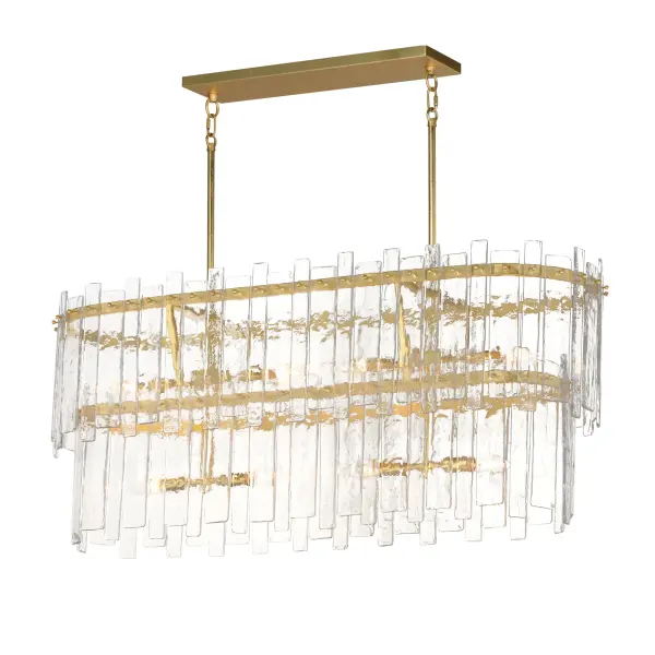 Gracefully flowing molten glass panels with uniquely organic aesthetic encircle rings of rich Darkened Bronze metal or hand-applied Gold Leaf. This refined interpretation of tiered glass pendants exudes warmth and elegance, effortlessly blending a moody ambiance with timeless contemporary charm. Available in a variety of pendant configurations as well as coordinating wall sconce and semi-flush mount. Collection: Warren Finish: Gold Leaf Glass: Artisan Width: 12.00" Height: 19.00" Length: 42.00" Weight: 52.80 lb Wire: 120" Canopy: 20"x5"x1" Number of Bulbs: 8 Maximum Wattage: 60.00 W Bulb Type: Candelabra Bulb Base: E12 Candelabra Light Source: Incandescent Voltage: 120.00 V Material: Steel, Glass Safety Listing: cETLus Safety Rating: Dry Manufacturer Warranty: 2 Spec Sheet