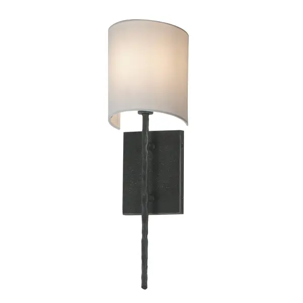 Rooted in traditional European ironwork but reimagined for modern spaces, the Martel collection elevates the classic lantern with hand-forged artistry and stripped-down elegance. A sculptural hammered iron frame arcs gracefully to define the open silhouette, while simple candelabra sockets and 90-degree hammered candle sleeves emphasize light, shadow, and raw materiality. With no glass or shades, the clean construction highlights the organic hand-hammered texture and allows the glow of candlelight to radiate freely. Available in a warm Etruscan Gold or moody Blacksmith finish, Martel brings a refined yet rustic sensibility to entryways, kitchens, or living spaces. Collection: Martel Finish: Blacksmith Glass: White Width: 6.00" Height: 20.00" Weight: 1.56 lb Extension from Wall: 4.00" Wire: 8" Canopy: 6.25"x4.75" Number of Bulbs: 1 Maximum Wattage: 40.00 W Bulb Base: E12 Candelabra Light Source: Incandescent Voltage: 120.00 V Material: Steel,Fabric Safety Listing: cETLus ADA Manufacturer Warranty: 3 Spec Sheet
