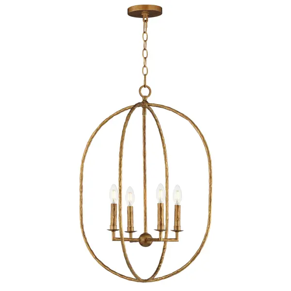 Rooted in traditional European ironwork but reimagined for modern spaces, the Martel collection elevates the classic lantern with hand-forged artistry and stripped-down elegance. A sculptural hammered iron frame arcs gracefully to define the open silhouette, while simple candelabra sockets and 90-degree hammered candle sleeves emphasize light, shadow, and raw materiality. With no glass or shades, the clean construction highlights the organic hand-hammered texture and allows the glow of candlelight to radiate freely. Available in a warm Etruscan Gold or moody Blacksmith finish, Martel brings a refined yet rustic sensibility to entryways, kitchens, or living spaces. Collection: Martel Finish: Etruscan Gold Width: 20.00" Height: 28.25" Length: 20.00" Weight: 6.80 lb Chain: 36" Wire: 120" Canopy: 5"x5"x0.75" Number of Bulbs: 4 Maximum Wattage: 60.00 W Bulb Type: Candelabra Bulb Base: E12 Candelabra Light Source: Incandescent Voltage: 120.00 V Material: Steel Safety Listing: cETLus Safety Rating: Dry Manufacturer Warranty: 3 Spec Sheet Instructions