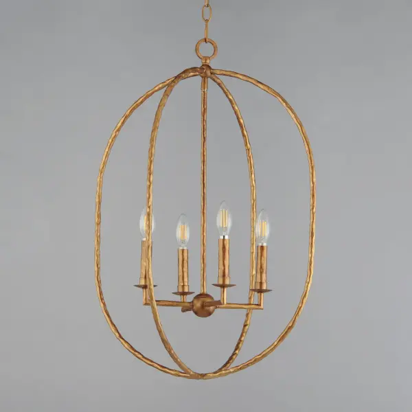 Rooted in traditional European ironwork but reimagined for modern spaces, the Martel collection elevates the classic lantern with hand-forged artistry and stripped-down elegance. A sculptural hammered iron frame arcs gracefully to define the open silhouette, while simple candelabra sockets and 90-degree hammered candle sleeves emphasize light, shadow, and raw materiality. With no glass or shades, the clean construction highlights the organic hand-hammered texture and allows the glow of candlelight to radiate freely. Available in a warm Etruscan Gold or moody Blacksmith finish, Martel brings a refined yet rustic sensibility to entryways, kitchens, or living spaces. Collection: Martel Finish: Etruscan Gold Width: 20.00" Height: 28.25" Length: 20.00" Weight: 6.80 lb Chain: 36" Wire: 120" Canopy: 5"x5"x0.75" Number of Bulbs: 4 Maximum Wattage: 60.00 W Bulb Type: Candelabra Bulb Base: E12 Candelabra Light Source: Incandescent Voltage: 120.00 V Material: Steel Safety Listing: cETLus Safety Rating: Dry Manufacturer Warranty: 3 Spec Sheet Instructions - alternate view