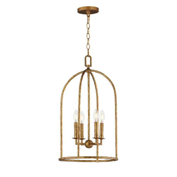 Rooted in traditional European ironwork but reimagined for modern spaces, the Martel collection elevates the classic lantern with hand-forged artistry and stripped-down elegance. A sculptural hammered iron frame arcs gracefully to define the open silhouette, while simple candelabra sockets and 90-degree hammered candle sleeves emphasize light, shadow, and raw materiality. With no glass or shades, the clean construction highlights the organic hand-hammered texture and allows the glow of candlelight to radiate freely. Available in a warm Etruscan Gold or moody Blacksmith finish, Martel brings a refined yet rustic sensibility to entryways, kitchens, or living spaces. Collection: Martel Finish: Etruscan Gold Width: 14.00" Height: 25.00" Length: 14.00" Weight: 6.85 lb Chain: 36" Wire: 120" Canopy: 5"x5"x0.75" Number of Bulbs: 4 Maximum Wattage: 60.00 W Bulb Type: Candelabra Bulb Base: E12 Candelabra Light Source: Incandescent Voltage: 120.00 V Material: Steel Safety Listing: cETLus Safety Rating: Dry Manufacturer Warranty: 3 Spec Sheet Instructions