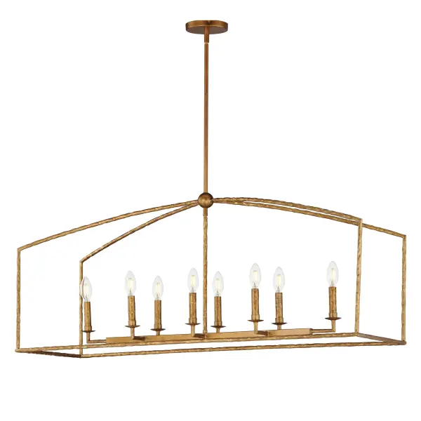 Rooted in traditional European ironwork but reimagined for modern spaces, the Martel collection elevates the classic lantern with hand-forged artistry and stripped-down elegance. A sculptural hammered iron frame arcs gracefully to define the open silhouette, while simple candelabra sockets and 90-degree hammered candle sleeves emphasize light, shadow, and raw materiality. With no glass or shades, the clean construction highlights the organic hand-hammered texture and allows the glow of candlelight to radiate freely. Available in a warm Etruscan Gold or moody Blacksmith finish, Martel brings a refined yet rustic sensibility to entryways, kitchens, or living spaces. Collection: Martel Finish: Etruscan Gold Width: 14.50" Height: 19.00" Length: 46.00" Weight: 14.80 lb Wire: 120" Canopy: 5"x5"x0.75" Number of Bulbs: 8 Maximum Wattage: 60.00 W Bulb Type: Candelabra Bulb Base: E12 Candelabra Light Source: Incandescent Voltage: 120.00 V Material: Steel Safety Listing: cETLus Safety Rating: Dry Manufacturer Warranty: 3 Spec Sheet Instructions