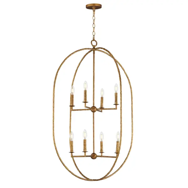 Rooted in traditional European ironwork but reimagined for modern spaces, the Martel collection elevates the classic lantern with hand-forged artistry and stripped-down elegance. A sculptural hammered iron frame arcs gracefully to define the open silhouette, while simple candelabra sockets and 90-degree hammered candle sleeves emphasize light, shadow, and raw materiality. With no glass or shades, the clean construction highlights the organic hand-hammered texture and allows the glow of candlelight to radiate freely. Available in a warm Etruscan Gold or moody Blacksmith finish, Martel brings a refined yet rustic sensibility to entryways, kitchens, or living spaces. Collection: Martel Finish: Etruscan Gold Width: 30.00" Height: 45.75" Length: 30.00" Weight: 19.50 lb Chain: 72" Wire: 180" Canopy: 5"x5"x0.75" Number of Bulbs: 8 Maximum Wattage: 60.00 W Bulb Type: Candelabra Bulb Base: E12 Candelabra Light Source: Incandescent Voltage: 120.00 V Material: Steel Safety Listing: cETLus Safety Rating: Dry Manufacturer Warranty: 3 Spec Sheet Instructions