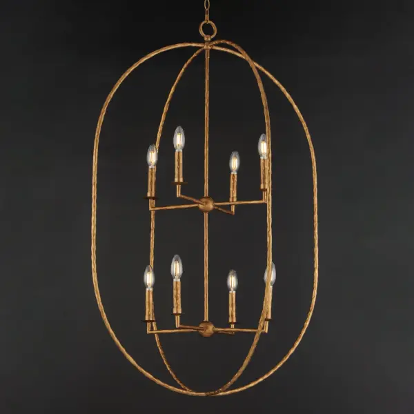 Rooted in traditional European ironwork but reimagined for modern spaces, the Martel collection elevates the classic lantern with hand-forged artistry and stripped-down elegance. A sculptural hammered iron frame arcs gracefully to define the open silhouette, while simple candelabra sockets and 90-degree hammered candle sleeves emphasize light, shadow, and raw materiality. With no glass or shades, the clean construction highlights the organic hand-hammered texture and allows the glow of candlelight to radiate freely. Available in a warm Etruscan Gold or moody Blacksmith finish, Martel brings a refined yet rustic sensibility to entryways, kitchens, or living spaces. Collection: Martel Finish: Etruscan Gold Width: 30.00" Height: 45.75" Length: 30.00" Weight: 19.50 lb Chain: 72" Wire: 180" Canopy: 5"x5"x0.75" Number of Bulbs: 8 Maximum Wattage: 60.00 W Bulb Type: Candelabra Bulb Base: E12 Candelabra Light Source: Incandescent Voltage: 120.00 V Material: Steel Safety Listing: cETLus Safety Rating: Dry Manufacturer Warranty: 3 Spec Sheet Instructions - alternate view