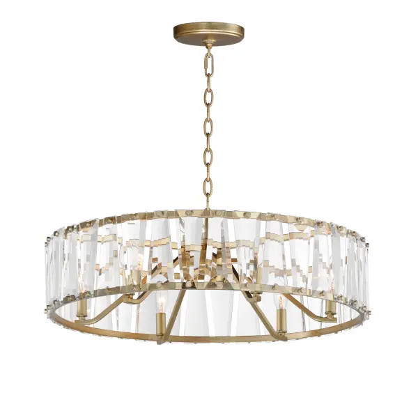 Boldly beveled tapered glass panels are arranged around a metal frame finished in either Black or elegant Golden Silver. Evocative of an earlier era, the glitz and glamor of the Odeon collection is a timeless choice for your interiors. Transform the look with the coordinating Fandelight option that integrates Wifi-enabled functions to operate the fan and lighting. Collection: Odeon Finish: Golden Silver Glass: Beveled Crystal Width: 26.75" Height: 9.50" Weight: 19.84 lb Chain: 36" Wire: 120" Canopy: 5.875"x5.875"x1" Number of Bulbs: 6 Maximum Wattage: 60.00 W Bulb Type: Candelabra Bulb Base: E12 Candelabra Light Source: Incandescent Voltage: 120.00 V Material: Steel,Crystal Safety Rating: Dry Manufacturer Warranty: 3 Spec Sheet Instructions