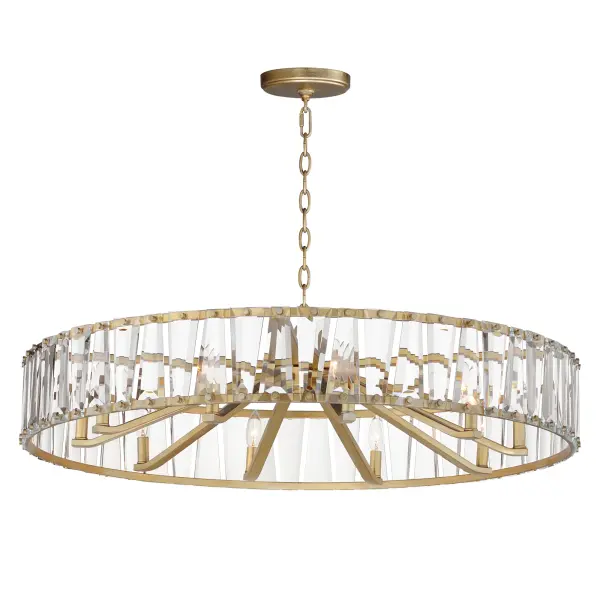 Boldly beveled tapered glass panels are arranged around a metal frame finished in either Black or elegant Golden Silver. Evocative of an earlier era, the glitz and glamor of the Odeon collection is a timeless choice for your interiors. Transform the look with the coordinating Fandelight option that integrates Wifi-enabled functions to operate the fan and lighting. Collection: Odeon Finish: Golden Silver Glass: Beveled Crystal Width: 40.00" Height: 9.50" Weight: 23.92 lb Chain: 36" Wire: 120" Canopy: 5.875"x5.875"x1" Number of Bulbs: 10 Maximum Wattage: 60.00 W Bulb Type: Candelabra Bulb Base: E12 Candelabra Light Source: Incandescent Voltage: 120.00 V Material: Steel,Crystal Safety Rating: Dry Manufacturer Warranty: 3 Spec Sheet Instructions