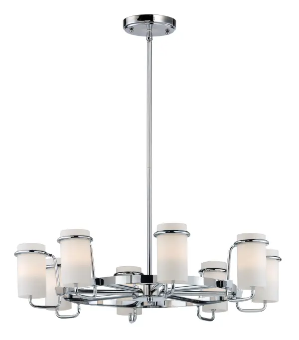 Satin White glass cylinders are cradled in castings of Polished Chrome to create this crisp and clean contemporary design. Each fixture is supplied with xenon lamps for good illumination. High style at an affordable price.