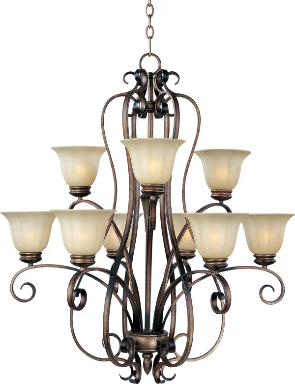 A curvaceous metal frame finished in Platinum Dusk tastefully support fluted Wilshire glass shades.