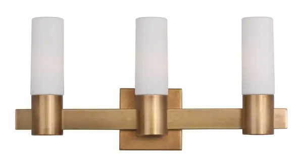 The Contessa collection is a Soft Modern design combining elements of traditional brass heritage and contemporary elongated glass. The cylindrical shades are made of etched opal Satin White glass providing a soft diffused light while adding a contemporary flair to the design. The frames are constructed of rectangular tubing finished in our Natural Aged Brass softening the modern approach of the design. Collection: Contessa Finish: Natural Aged Brass Glass: Satin White Width: 20.75" Height: 10.00" Weight: 4.40 lb Extension from Wall: 4.00" Canopy: 4.75"x4.75" Number of Bulbs: 3 Maximum Wattage: 40.00 W Bulb Type: B10 Bulb Base: E12 Candelabra Light Source: Incandescent Dimmable Voltage: 120.00 V Material: Steel, Glass Safety Listing: cETLus Safety Rating: Damp ADA Manufacturer Warranty: 1 Spec Sheet Instructions Parts Diagram