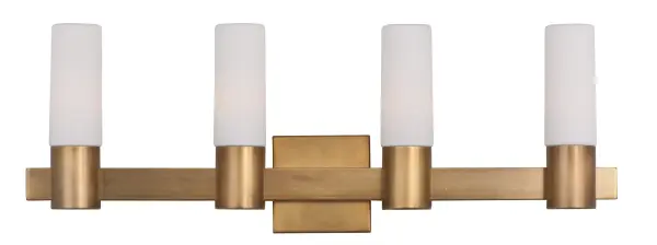 The Contessa collection is a Soft Modern design combining elements of traditional brass heritage and contemporary elongated glass. The cylindrical shades are made of etched opal Satin White glass providing a soft diffused light while adding a contemporary flair to the design. The frames are constructed of rectangular tubing finished in our Natural Aged Brass softening the modern approach of the design. Collection: Contessa Finish: Natural Aged Brass Glass: Satin White Width: 28.75" Height: 10.00" Weight: 6.60 lb Extension from Wall: 4.00" Canopy: 4.75"x4.75" Number of Bulbs: 4 Maximum Wattage: 40.00 W Bulb Type: B10 Bulb Base: E12 Candelabra Light Source: Incandescent Dimmable Voltage: 120.00 V Material: Steel, Glass Safety Listing: cETLus Safety Rating: Damp ADA Manufacturer Warranty: 1 Spec Sheet Instructions Parts Diagram