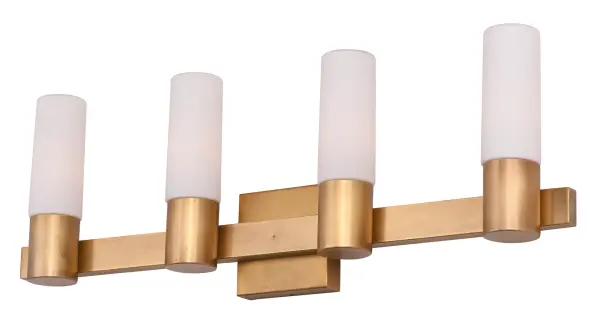 The Contessa collection is a Soft Modern design combining elements of traditional brass heritage and contemporary elongated glass. The cylindrical shades are made of etched opal Satin White glass providing a soft diffused light while adding a contemporary flair to the design. The frames are constructed of rectangular tubing finished in our Natural Aged Brass softening the modern approach of the design. - alternate view