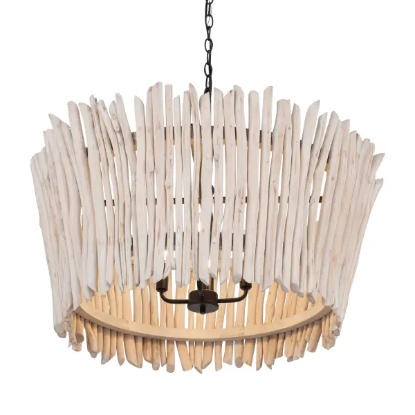 Staggered branches of eucalyptus are meticulously linked together to form a tapered bouquet shade, showcasing exceptional handcraftsmanship. Each branch is individually shaped, with the wood finished in a hand-applied Weathered White that beautifully complements the multi-tonal Dark Bronze metal accents. A coordinating large wall sconce echoes this design, reinforcing the collection's cohesive style. This striking combination of natural materials and refined craftsmanship highlights the collection's inherent elegance. - alternate view
