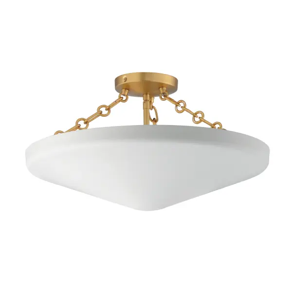 An inverted steel cone vessel painted in textured Plaster White gesso provides ambient lighting with classical styling. The stylized ring and oval chain links in Natural Aged Brass compliment the overall design. Available in two sizes of pendants and flush mount.