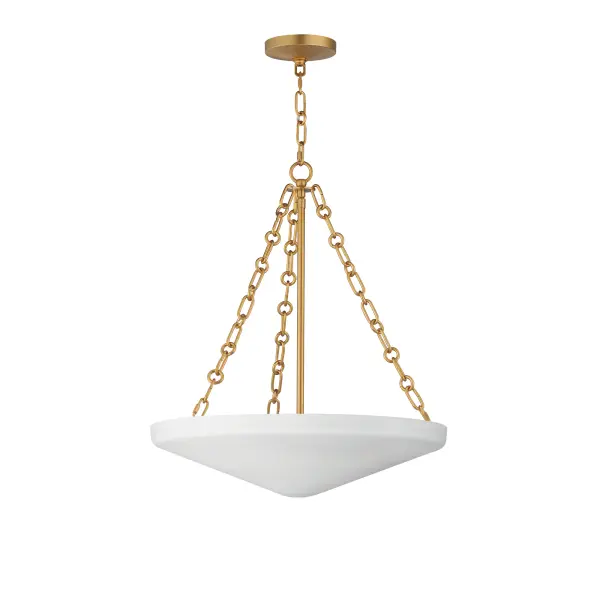 An inverted steel cone vessel painted in textured Plaster White gesso provides ambient lighting with classical styling. The stylized ring and oval chain links in Natural Aged Brass compliment the overall design. Available in two sizes of pendants and flush mount.