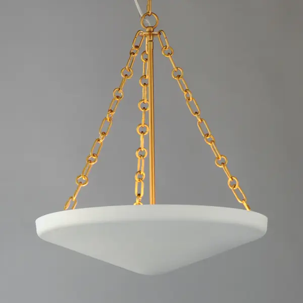 An inverted steel cone vessel painted in textured Plaster White gesso provides ambient lighting with classical styling. The stylized ring and oval chain links in Natural Aged Brass compliment the overall design. Available in two sizes of pendants and flush mount. - alternate view
