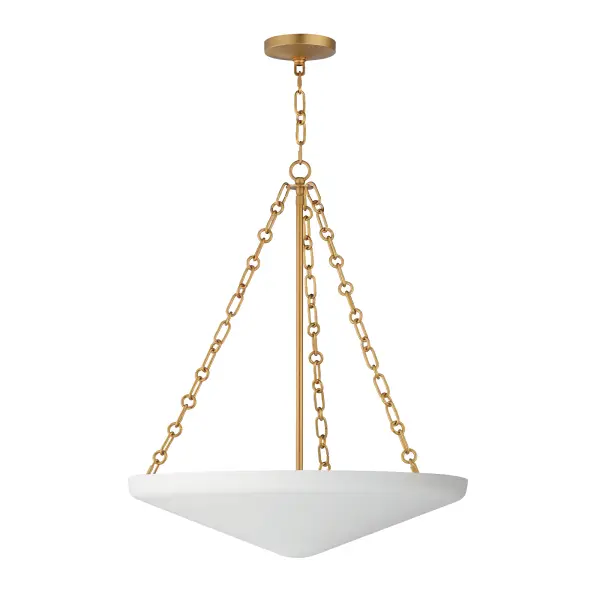 An inverted steel cone vessel painted in textured Plaster White gesso provides ambient lighting with classical styling. The stylized ring and oval chain links in Natural Aged Brass compliment the overall design. Available in two sizes of pendants and flush mount.