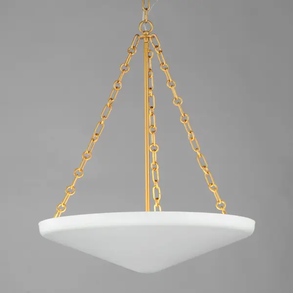 An inverted steel cone vessel painted in textured Plaster White gesso provides ambient lighting with classical styling. The stylized ring and oval chain links in Natural Aged Brass compliment the overall design. Available in two sizes of pendants and flush mount. - alternate view