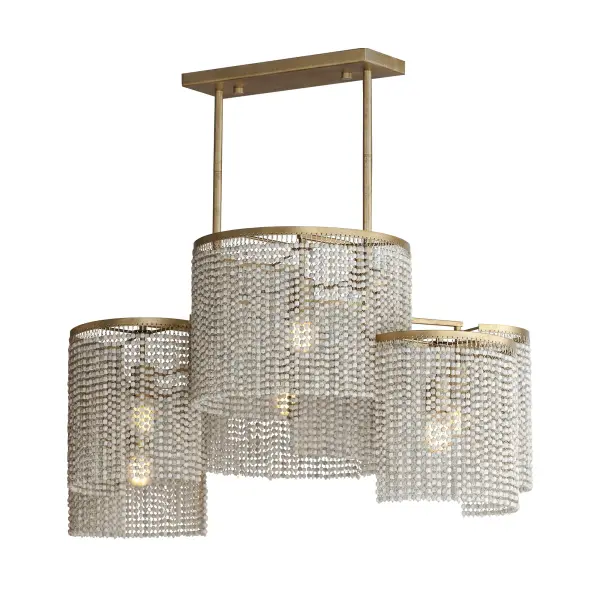 Cascading strands of square Weathered Wood beads are suspended on an offset spiraling frame finished in hand-applied Golden Silver leaf. The craftsmanship of the design is complimented by the soft glow of light within adding ambience to any space. Available in two sizes of pendants, a semi-flush mount, linear chandelier and large wall sconce.