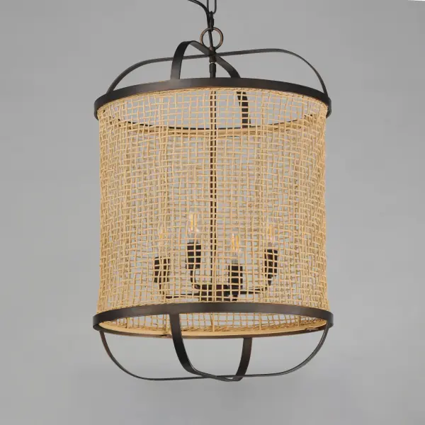 Hand-woven Natural Rattan blends casual comfort with impeccable craftsmanship. Further demonstrating the artisanal touch applied to this series, two hand-painted finish options either match Weathered White on both the rattan and its metal work or contrast Natural tones with an Antique Bronze finish. Choose from various scales of pendants where in some configurations a Satin White globe shade is included to diffuse the light source within. An ADA wall sconce completes the collection. - alternate view
