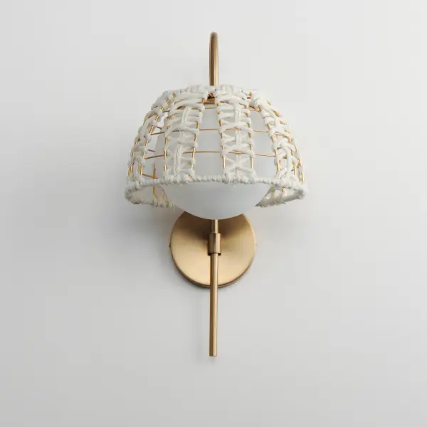 Varied cotton ropes in an Off-White finish are hand woven in a decorative pattern along a metal frame finished in Gold. Housed within these artisanal shades, Satin White glass globes softly diffuse enclosed lamps. - alternate view