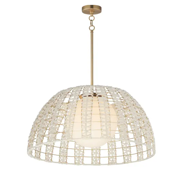 Varied cotton ropes in an Off-White finish are hand woven in a decorative pattern along a metal frame finished in Gold. Housed within these artisanal shades, Satin White glass globes softly diffuse enclosed lamps. Collection: Macrame Finish: Gold Glass: Satin White Width: 29.50" Height: 13.75" Length: 29.50" Weight: 9.90 lb Wire: 59" Canopy: 4.75"x4.75"x1" Number of Bulbs: 1 Maximum Wattage: 60.00 W Bulb Type: E26 Bulb Base: E26 Medium Light Source: Incandescent Dimmable Voltage: 120.00 V Material: Steel, Rope,Glass Safety Listing: cULus Safety Rating: Dry Manufacturer Warranty: 2 Spec Sheet Instructions
