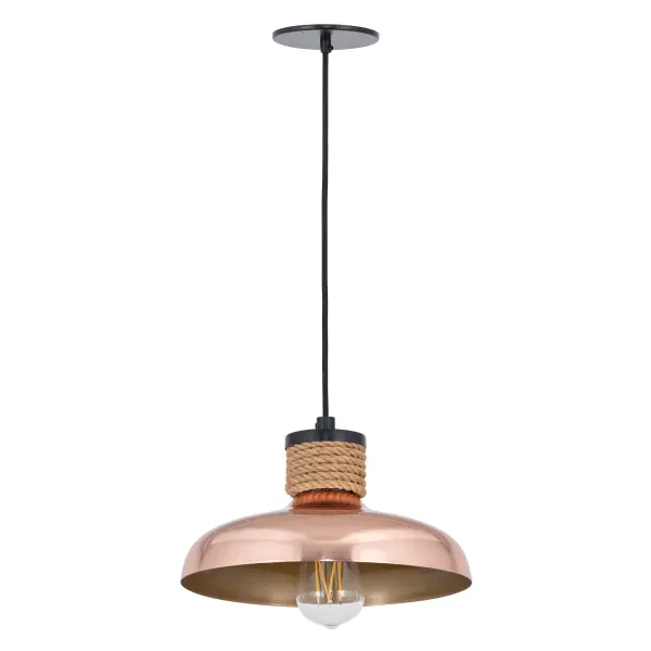 Drawing inspiration from industrial warehouse or farmhouse lighting, these classic shades feature a rayon fabric adjustable cord and hand-wound rope detail. The rustic elements are paired with spun metal shades available in a Copper finish or reflective June Bug finish. - alternate view