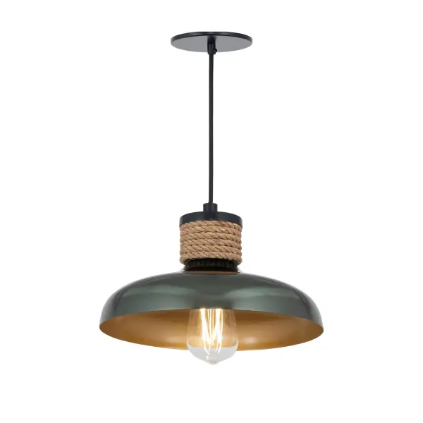 Drawing inspiration from industrial warehouse or farmhouse lighting, these classic shades feature a rayon fabric adjustable cord and hand-wound rope detail. The rustic elements are paired with spun metal shades available in a Copper finish or reflective June Bug finish. Collection: Bingham Finish: June Bug Width: 9.75" Height: 5.50" Length: 9.75" Weight: 4.99 lb Wire: 120" Canopy: 5"x5"x0.25" Number of Bulbs: 1 Maximum Wattage: 60.00 W Bulb Type: ST58 Bulb Base: E26 Medium Light Source: Incandescent Dimmable Voltage: 120.00 V Material: Steel Safety Listing: cULus Safety Rating: Dry Spec Sheet Instructions