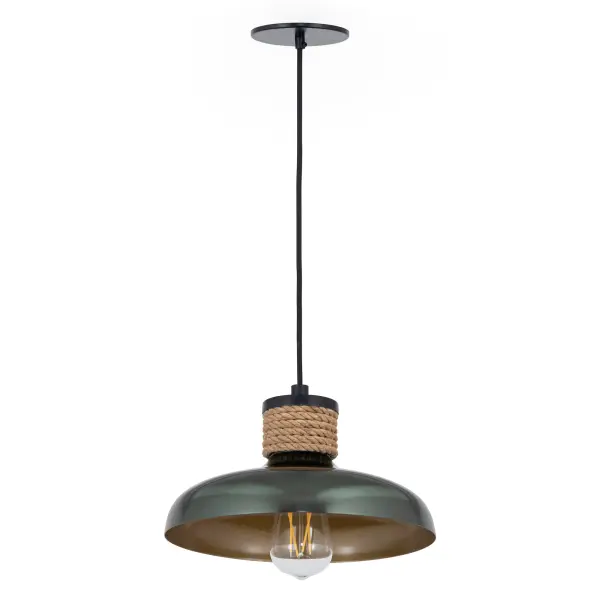 Drawing inspiration from industrial warehouse or farmhouse lighting, these classic shades feature a rayon fabric adjustable cord and hand-wound rope detail. The rustic elements are paired with spun metal shades available in a Copper finish or reflective June Bug finish. Collection: Bingham Finish: June Bug Width: 9.75" Height: 5.50" Length: 9.75" Weight: 4.99 lb Wire: 120" Canopy: 5"x5"x0.25" Number of Bulbs: 1 Maximum Wattage: 60.00 W Bulb Type: ST58 Bulb Base: E26 Medium Light Source: Incandescent Dimmable Voltage: 120.00 V Material: Steel Safety Listing: cULus Safety Rating: Dry Spec Sheet Instructions - alternate view