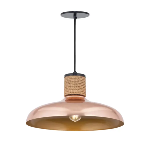 Drawing inspiration from industrial warehouse or farmhouse lighting, these classic shades feature a rayon fabric adjustable cord and hand-wound rope detail. The rustic elements are paired with spun metal shades available in a Copper finish or reflective June Bug finish. Collection: Bingham Finish: Copper Width: 17.00" Height: 8.50" Length: 17.00" Weight: 9.05 lb Wire: 120" Canopy: 5"x5"x0.25" Number of Bulbs: 1 Maximum Wattage: 60.00 W Bulb Type: ST58 Bulb Base: E26 Medium Light Source: Incandescent Dimmable Voltage: 120.00 V Material: Steel Safety Listing: cULus Safety Rating: Dry Spec Sheet Instructions