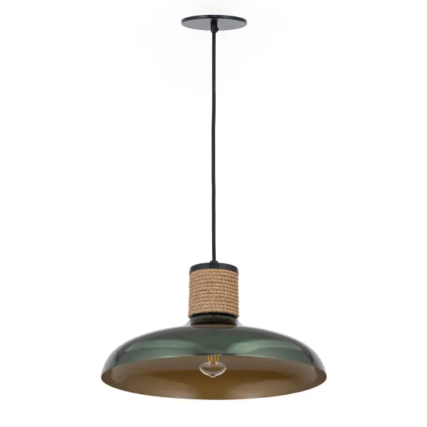 Drawing inspiration from industrial warehouse or farmhouse lighting, these classic shades feature a rayon fabric adjustable cord and hand-wound rope detail. The rustic elements are paired with spun metal shades available in a Copper finish or reflective June Bug finish. Collection: Bingham Finish: June Bug Width: 17.00" Height: 8.50" Length: 17.00" Weight: 9.05 lb Wire: 120" Canopy: 5"x5"x0.25" Number of Bulbs: 1 Maximum Wattage: 60.00 W Bulb Type: ST58 Bulb Base: E26 Medium Light Source: Incandescent Dimmable Voltage: 120.00 V Material: Steel Safety Listing: cULus Safety Rating: Dry Spec Sheet Instructions - alternate view