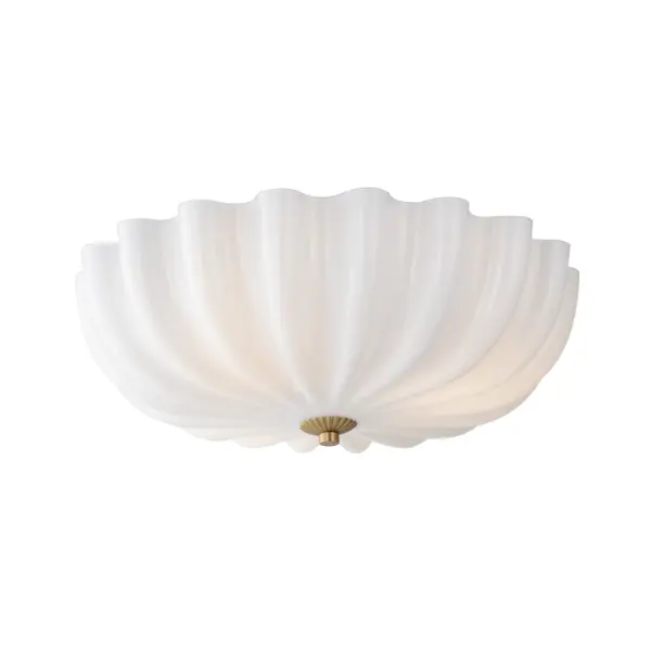 With glossy opal white glass shades, this collection brings a graceful, feminine touch to the inverted bowl design inspired by the shape of a bundt cake. Suspended by a decorative circular ring chain, the shade features an acrylic dust cover that encloses the top, keeping the glass pristine. Finished in Natural Aged Brass, the chain and metalwork complement the timeless elegance of the design, while ribbed glass accents add a distinctive, sophisticated detail to the design. Collection: Bundt Finish: White/Natural Aged Brass Width: 15.50" Height: 5.75" Length: 15.50" Weight: 4.41 lb Wire: 8" Canopy: 11.75"x11.75"x0.75" Number of Bulbs: 3 Maximum Wattage: 60.00 W Bulb Type: A19 Bulb Base: E26 Medium Light Source: Incandescent Dimmable Voltage: 120.00 V Material: Steel, Glass Safety Listing: cETLus Safety Rating: Damp Spec Sheet Instructions