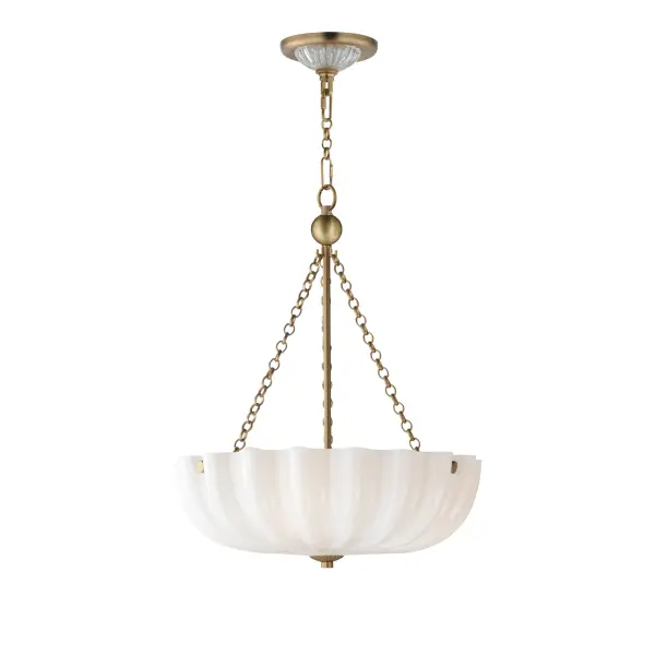 With glossy opal white glass shades, this collection brings a graceful, feminine touch to the inverted bowl design inspired by the shape of a bundt cake. Suspended by a decorative circular ring chain, the shade features an acrylic dust cover that encloses the top, keeping the glass pristine. Finished in Natural Aged Brass, the chain and metalwork complement the timeless elegance of the design, while ribbed glass accents add a distinctive, sophisticated detail to the design. Collection: Bundt Finish: White/Natural Aged Brass Width: 15.50" Height: 19.50" Length: 15.50" Weight: 7.30 lb Wire: 120" Canopy: 5"x5"x0.5" Number of Bulbs: 3 Maximum Wattage: 60.00 W Bulb Type: A19 Bulb Base: E26 Medium Light Source: Incandescent Dimmable Voltage: 120.00 V Material: Steel, Glass Safety Listing: cETLus Safety Rating: Dry Spec Sheet Instructions