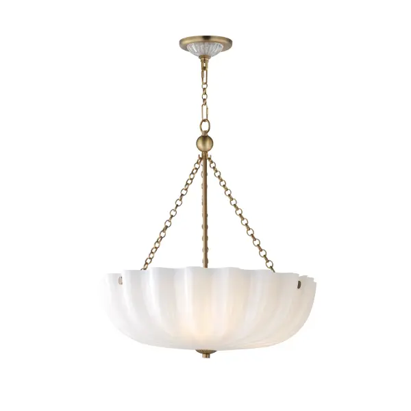 With glossy opal white glass shades, this collection brings a graceful, feminine touch to the inverted bowl design inspired by the shape of a bundt cake. Suspended by a decorative circular ring chain, the shade features an acrylic dust cover that encloses the top, keeping the glass pristine. Finished in Natural Aged Brass, the chain and metalwork complement the timeless elegance of the design, while ribbed glass accents add a distinctive, sophisticated detail to the design. Collection: Bundt Finish: White/Natural Aged Brass Width: 17.75" Height: 19.50" Length: 17.50" Weight: 8.45 lb Wire: 120" Canopy: 5"x5"x0.5" Number of Bulbs: 3 Maximum Wattage: 60.00 W Bulb Type: A19 Bulb Base: E26 Medium Light Source: Incandescent Dimmable Voltage: 120.00 V Material: Steel, Glass Safety Listing: cETLus Safety Rating: Dry Spec Sheet Instructions